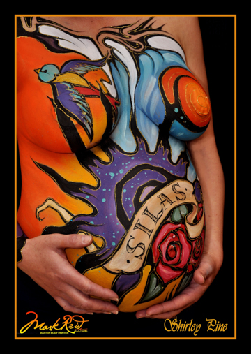 bod painting of on a pregnant woman with a banner in the painting with the work silas